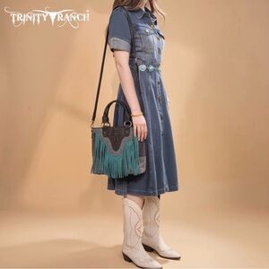 trinity ranch floral tooled fringe tote bag - black/turqoise